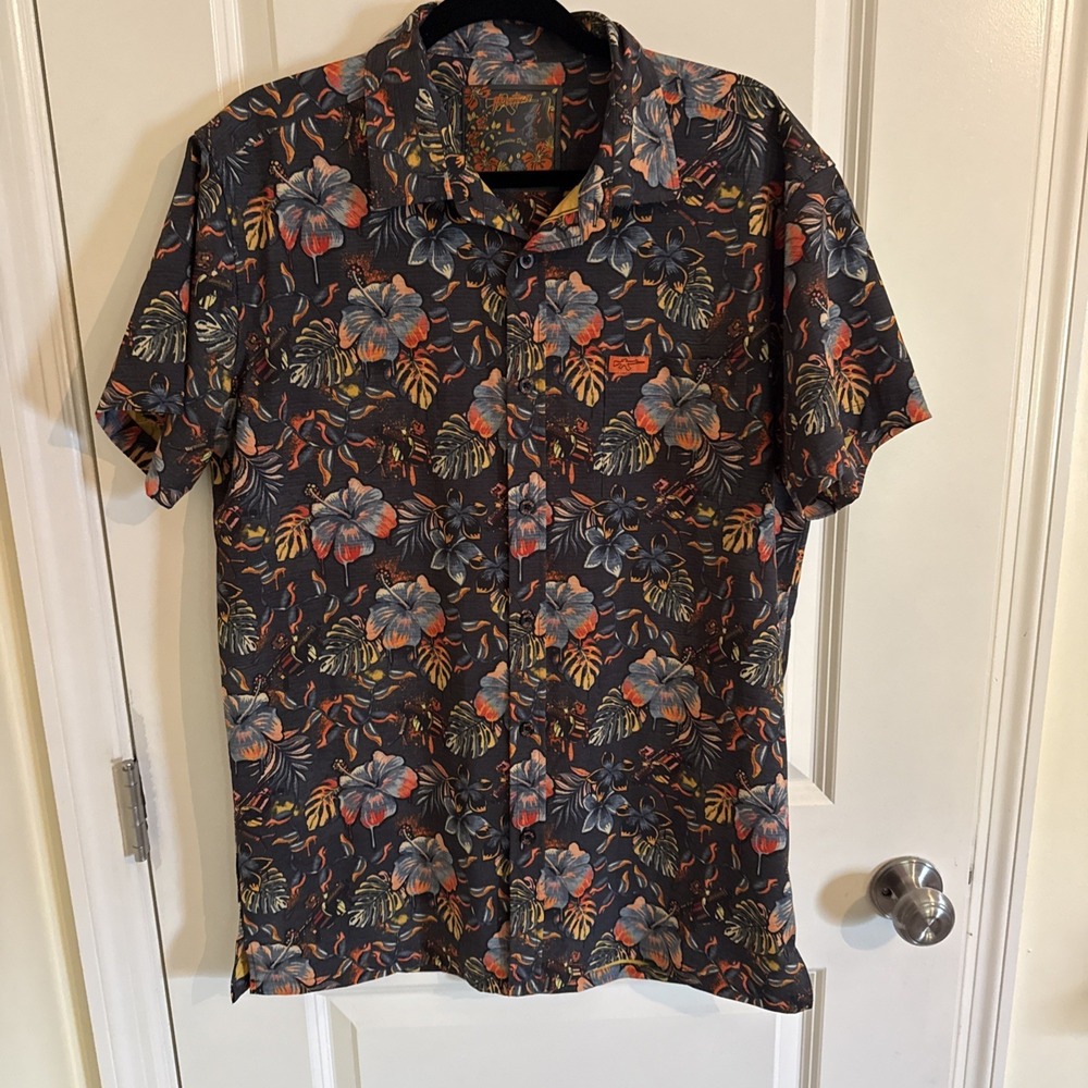 Retro Rifle Tropical Fields Floral Gun Print Stretch Button Down Shirt Mens Law